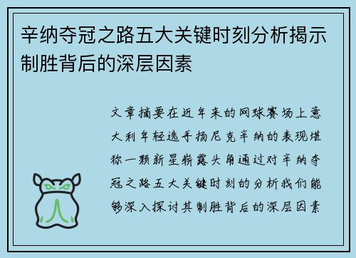 辛纳夺冠之路五大关键时刻分析揭示制胜背后的深层因素 辛纳夺冠之路五大关键时刻分析揭示制胜背后的深层因素