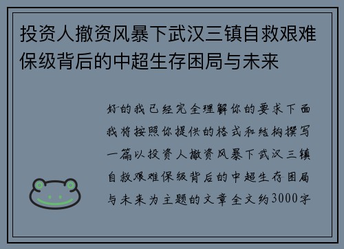 投资人撤资风暴下武汉三镇自救艰难保级背后的中超生存困局与未来
