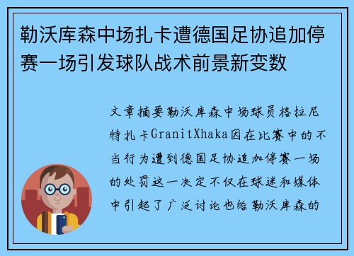 勒沃库森中场扎卡遭德国足协追加停赛一场引发球队战术前景新变数